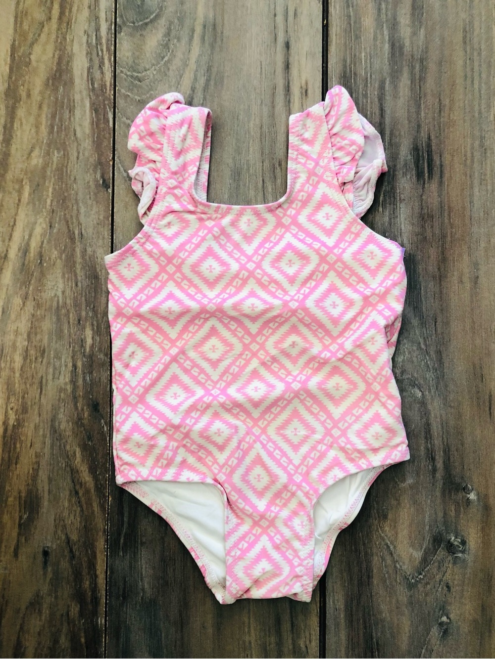 Jessica Simpson Pink White Geometric Ruffle-Shoulder One-Piece Swimsuit EUC 12 M